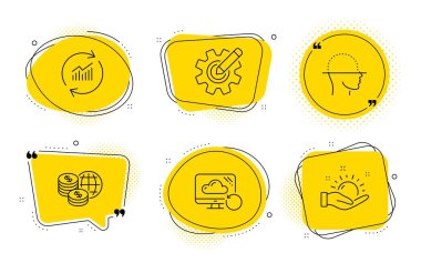 Yüz taraması, Verileri ve Dünya para simgelerini güncelleştirin. Cogwheel, Kurtarma bulutu ve Güneşli hava işaretleri. Vektör