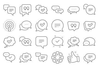 Sohbet ve tırnak işareti. Onaylandı, İşaretli kutusu ve Sosyal medya mesajı. Vektör
