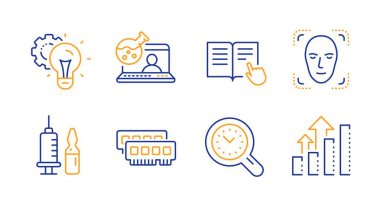 Fikir teçhizatı, okuma talimatları ve Ram simgeleri ayarlandı. Zaman yönetimi, Çevrimiçi Kimya ve Tıbbi Aşı İşaretleri. Vektör