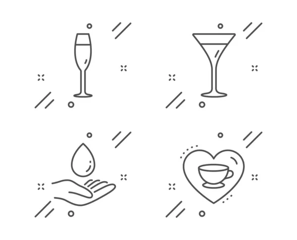 Cuidados com a água, copo de champanhe e Martini conjunto de ícones de vidro. Adoro café. Gota de água, Adega, Vinho. Vetor — Vetor de Stock