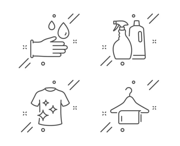 Rubber gloves, Clean t-shirt and Shampoo and spray icons set. Clean towel sign. Vector — 스톡 벡터