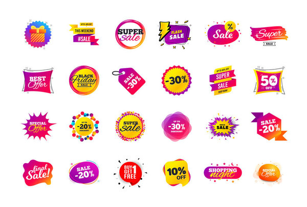 Sale banner badge. Special offer discount tags. Coupon shape templates. Best offer badge. Super discount icons. Vector