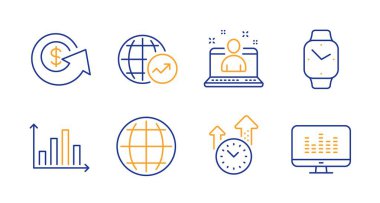 Globe, Zaman Yönetimi ve En İyi Yönetici simgeleri seti. Diyagram grafiği, dolar değişimi ve Smartwatch işaretleri. Vektör