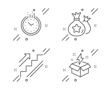 Merdivenler, Zaman ve Bağlılık noktaları belirlendi. Yaratıcı fikir işareti. Merdiven, saat, para torbaları. Şimşek. Vektör