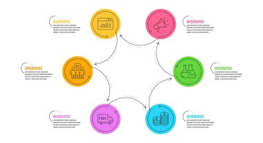 Para birimi, kimya laboratuvarı ve ücretsiz teslimat ikonları. Megafon, internet trafiği ve çalışanlar grubu tabelaları. Vektör