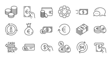 Para ve ödeme satırı simgeleri. Nakit, Cüzdan ve Madeni Paralar. Doğrusal simge seti. Vektör