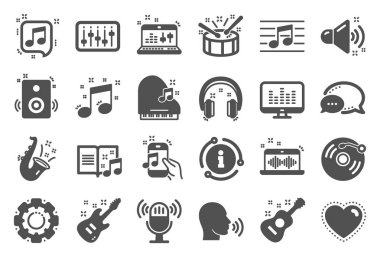 Müzik simgeleri. Akustik gitar seti, Müzik notası ve Vinil kayıt. Vektör