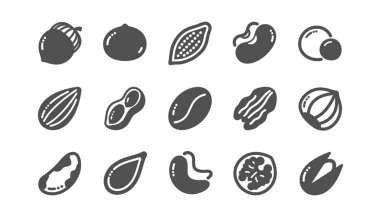 Fındık ve tohum simgeleri. Fındık, Badem fıstığı ve Fıstık. Klasik set. Vektör