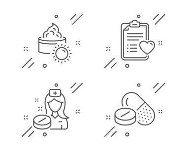 Güneş kremi, hasta geçmişi ve hemşire ikonları. Tıbbi ilaç işareti. Yüz losyonu, tıbbi inceleme, ilaç. Vektör