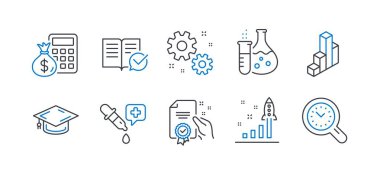 Finans hesap makinesi, 3D grafik, sertifika gibi eğitim simgeleri kümesi. Vektör