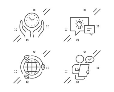 Fikir lambası, güvenli zaman ve eko enerji ikonları ayarlandı. Müşteri tetkiki tabelası. İş enerjisi, mesai saati, ekoloji. Vektör