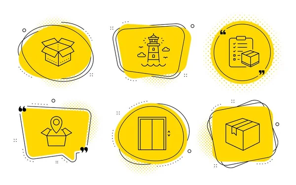 Paket plats, fyr och paket checklista ikoner set. Hiss, öppen Box och paket skyltar. Vektor — Stock vektor
