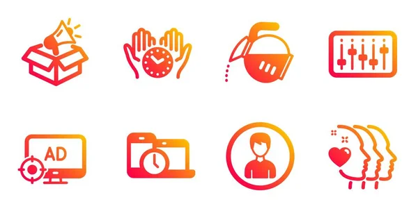 Person, Coffee pot and Dj controller icons set. Time management, Megaphone box and Seo adblock signs. Vector