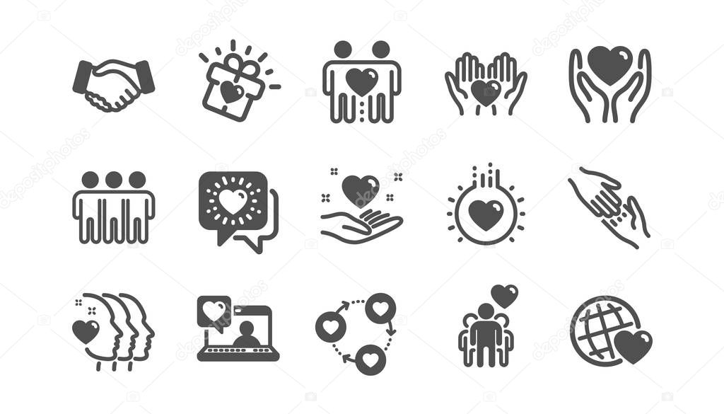 Friendship and love icons. Interaction, Mutual understanding and assistance business. Classic set. Vector