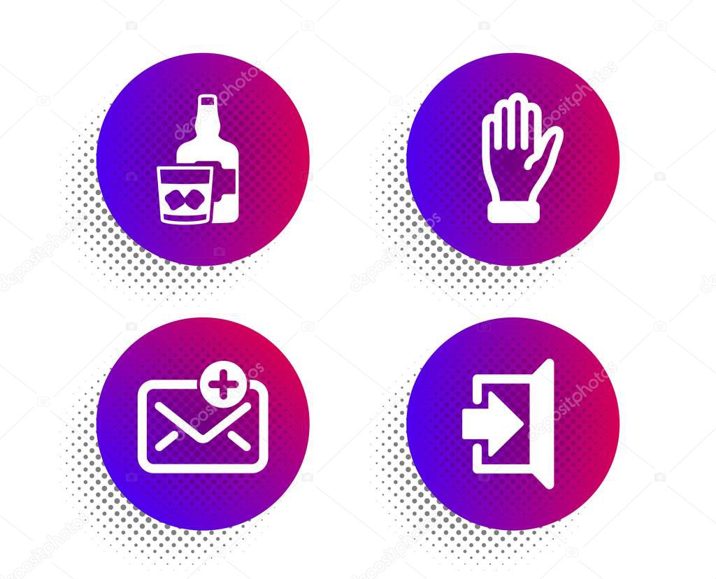 Hand, Whiskey glass and New mail icons set. Exit sign. Waving palm, Scotch drink, Add e-mail. Escape. Vector