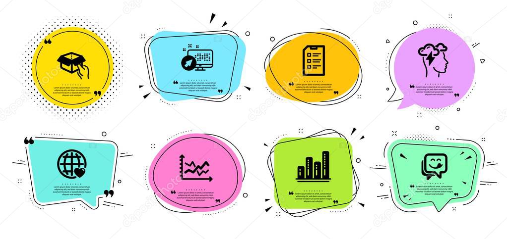 Diagram chart, Hold box and International love icons set. Yummy smile, Graph chart and Web system signs. Vector