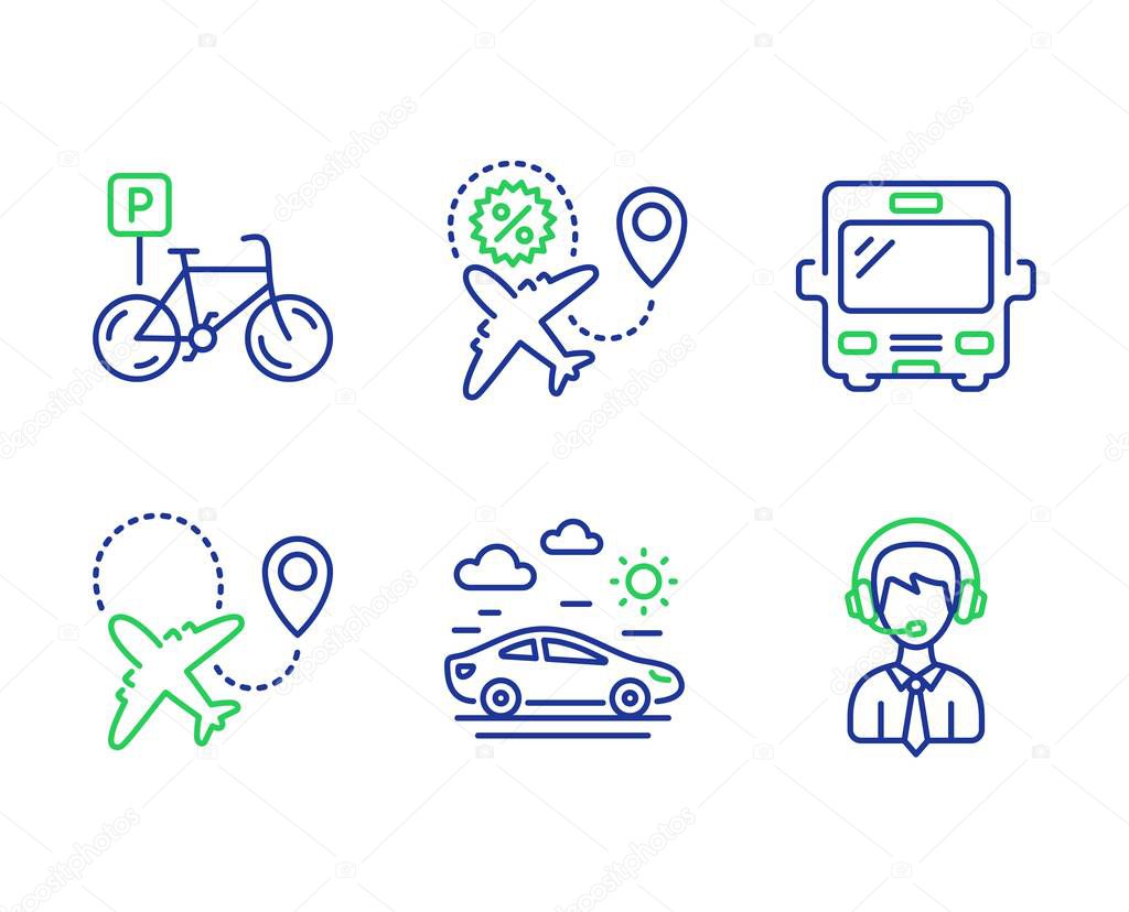 Airplane, Bicycle parking and Flight sale icons set. Bus, Car travel and Shipping support signs. Vector