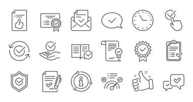 Satır simgelerini onaylayın. Kontrol listesi, Sertifika ve Ödül madalyası. Doğrusal simge seti. Vektör