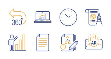 Time, 360 degrees and Divider document icons set. Algorithm, File and Online statistics signs. Vector