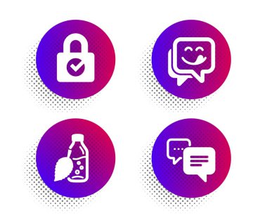 Şifreleme, su şişesi ve leziz gülümseme simgeleri ayarlandı. Noktalar mesaj işareti. Vektör