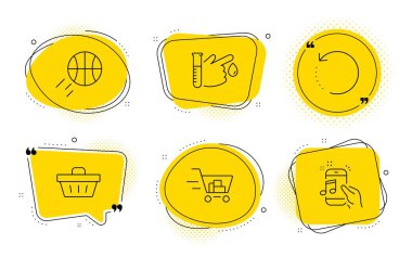 Alışveriş sepeti, alışveriş arabası ve kan bağışı ikonları hazır. Kurtarma verileri, basketbol ve müzik telefon işaretleri. Vektör
