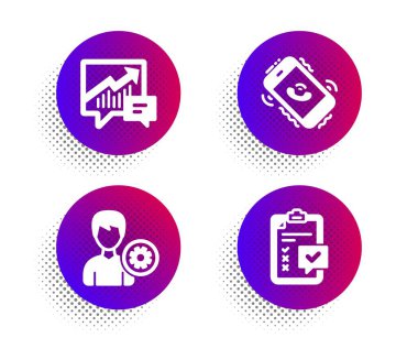 Destek, Çağrı Merkezi ve Muhasebe simgeleri ayarlandı. Kontrol listesi işareti. Profili, telefon desteğini, arz ve talebi düzenle. Vektör