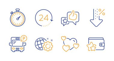 Zamanlayıcı, Seo dişlisi ve% düşük simgeler ayarlandı. 24 saat, otobüs parkı ve tabelalar. Vektör