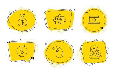 Hızlı tüyolar, para çantası ve dolar takas simgeleri. Su damlası, Seo dizüstü bilgisayarı ve nemlendirici krem tabelaları. Vektör