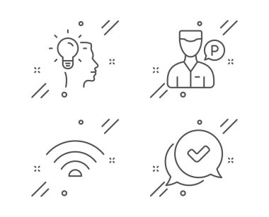 Fikir, uşak ve Wifi ikonları ayarlandı. Onaylanmış işaret. Profesyonel iş, otoparkçı, kablosuz internet. Vektör