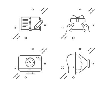 Seo timer, geri bildirim ve mevcut simgeleri ver. Yüz tanımlama işareti. Analizler, kalemle kitap, bir hediye al. Vektör