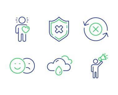 Friend, Reject protection and Like icons set. Reject refresh, Rainy weather and Brand ambassador signs. Vector clipart