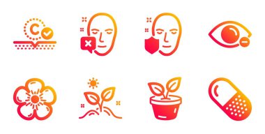 Grow plant, Natural linen and Collagen skin icons set. Leaves, Face protection and Face declined signs. Vector clipart