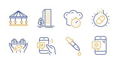 24 saat hizmet, Yemek pişirme zamanlayıcısı ve Atlıkarınca simgeleri ayarlandı. Binalar, kapsül hapları ve kimyasal pipet işaretleri. Vektör