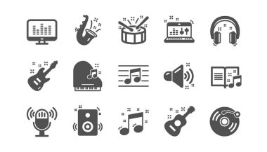 Müzik simgeleri. Gitar, Müzik notası ve Kulaklıklar. Klasik simge seti. Vektör