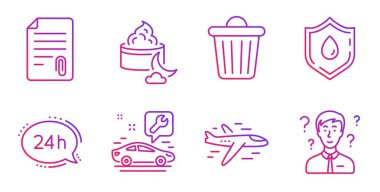 Çöp kutusu, uçak ve gece kremi ikonları. Eklenti, 24 saat hizmet ve araba servisi tabelaları. Vektör