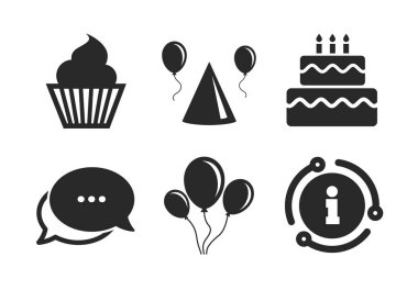 Doğum günü partisi. Kek, balon, şapka ve kek. Vektör