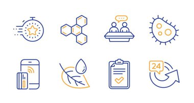 Kontrol listesi, Kimyasal formül ve Bakteri simgeleri ayarlandı. Yaprak çiğ, çalışanlar konuşur ve zamanlayıcı işaretleri. Vektör