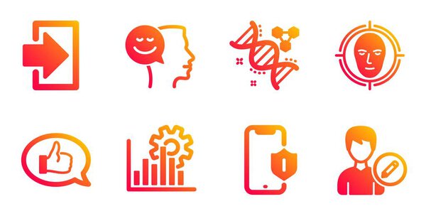 Smartphone protection, Good mood and Feedback icons set. Face detect, Login and Chemistry dna signs. Vector