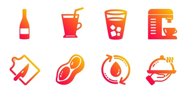 Kaffeemaschine, Kaffeetasse und Nachfüllwasser-Icons Set. Erdnuss, Eistee und Schneidebrettschilder. Vektor — Stockvektor