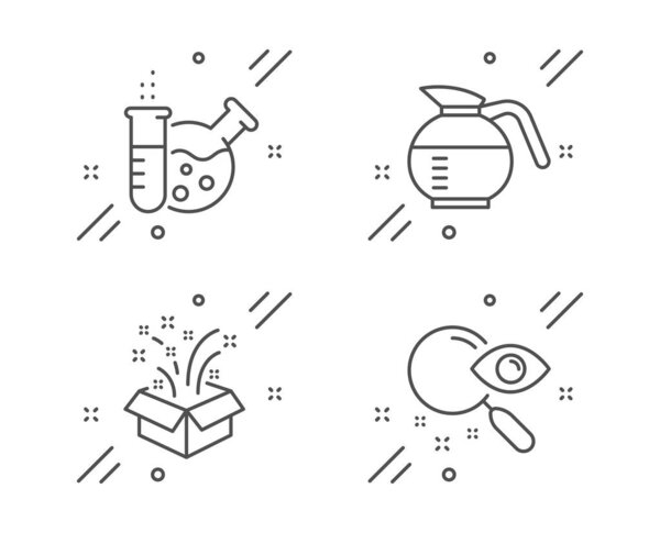 Coffeepot, Gift and Chemistry lab icons set. Search sign. Brewed coffee, New year, Laboratory. Find document. Vector