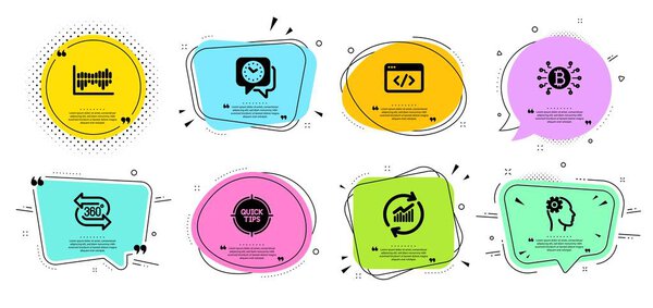 Update data, Column diagram and Tips icons set. Bitcoin system, Clock and 360 degree signs. Vector