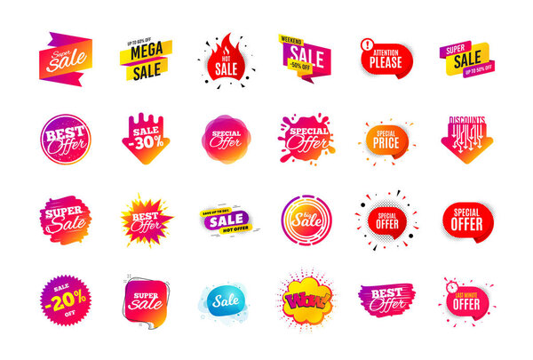Sale banner badge. Special offer discount tags. Coupon shape templates. Best offer badge. Super discount icons. Vector
