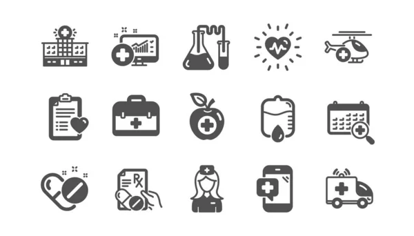 Medical icons. Hospital assistance, Health food diet and Laboratory. Classic icon set. Vector — Stock Vector