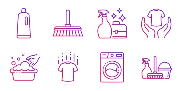 Tenez le t-shirt, le lavage des mains et l'ensemble des icônes de pulvérisation nettoyante. Nettoyage balai, Shampooing et Machine à laver signes. Vecteur — Image vectorielle