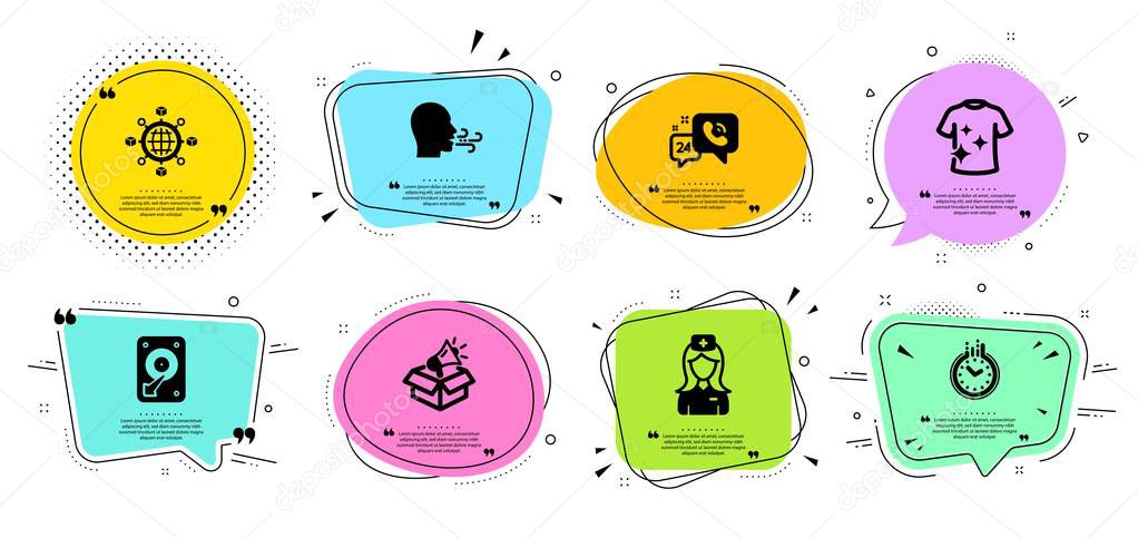 Logistics network, 24h service and Time icons set. Breathing exercise, Hospital nurse and Hdd signs. Vector