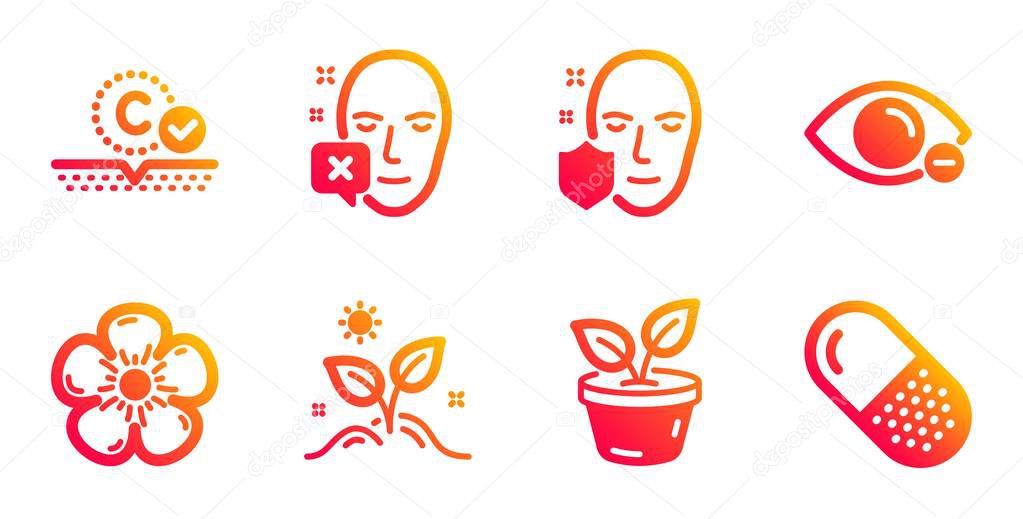 Grow plant, Natural linen and Collagen skin icons set. Leaves, Face protection and Face declined signs. Vector