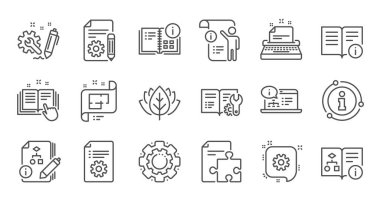 Teknik dokümantasyon satırı simgeleri. Öğretim, Plan ve El Kitabı. Doğrusal simge seti. Vektör