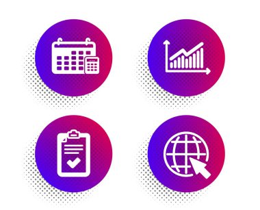 Takvim, Grafik ve Kontrol Listesi simgeleri ayarlandı. İnternet işareti. Hesap makinesi, sunum şeması, araştırma. Vektör