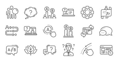 Ux satır simgeleri. Ab testi, Yolculuk yolu haritası ve Soru işareti. Doğrusal simge seti. Vektör