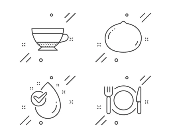 Conjunto de iconos de capuchino seco, nuez de macadamia y gota de agua. Signo de comida del restaurante. Vector — Vector de stock